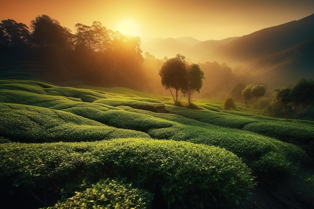 Chinese plantation of a tea at sunrise Generative AI