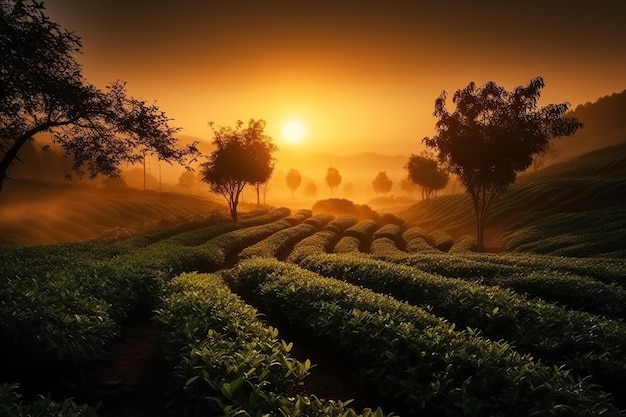 日の出の中国のお茶農園 生成 AI