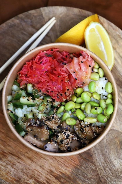 Chinese poke bowl with shiitake mushrooms and pickled ginger