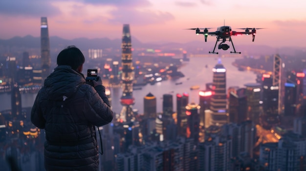 Chinese professional capturing city life through a hightech drone with the smart citys interactive digital landscape sprawling below