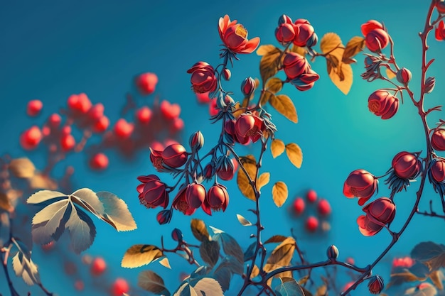 Chinese quince blossom in spring Red Japanese quince blooms in springtime Red flowers of Chaemnomeles superba Rowallane quince on blue sky Generative AI