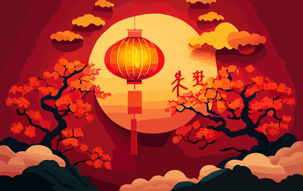 Chinese red background with lanterns and flowers