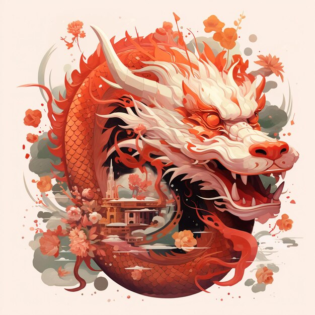 Chinese red dragon set vector hand drawn watercolor illustration sketch