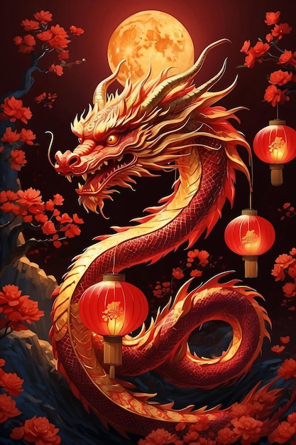 Китайский красный дракон с иллюстрациями на тему Лунного Нового года