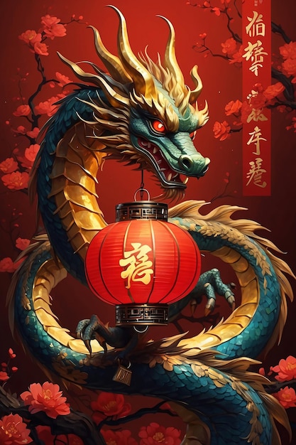 Chinese red dragon with Lunar New Year theme illustrations