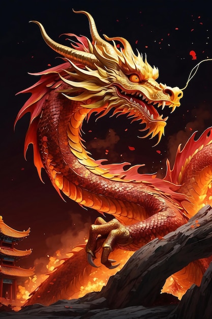 Chinese red dragon with Lunar New Year theme illustrations