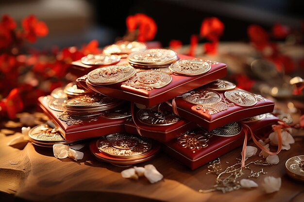 中国の赤い封筒 金で満たされた鮮やかな赤い封封筒 子供のための伝統的な贈り物 AIで生成された
