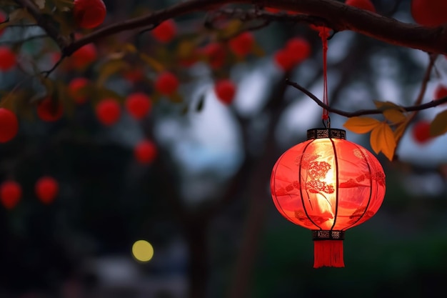 公園の花の咲く木の背景に中国の赤い提灯