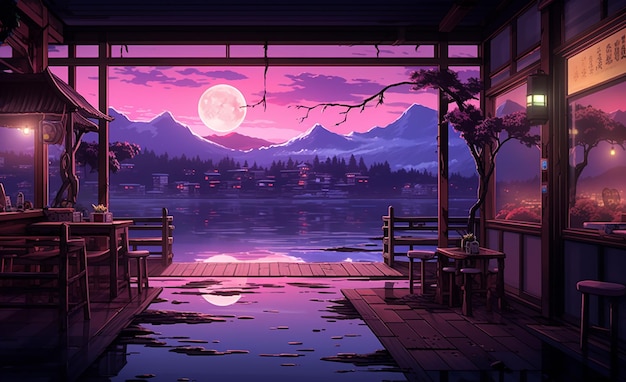 Chinese restaurant on the bank of the lake at night Ai generated