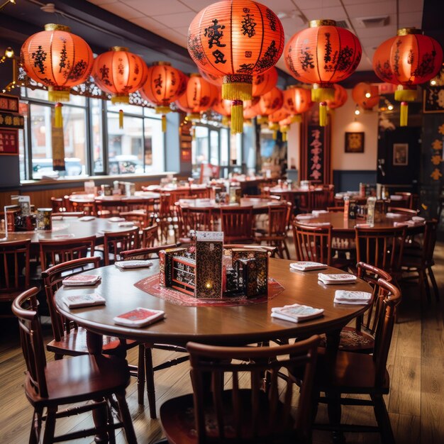 Photo a chinese restaurant with red lanterns