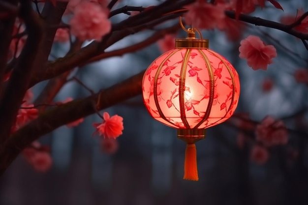 Chinese rode lantaarns op de achtergrond van een bloeiende boom in het park