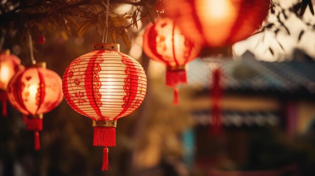 Chinese rode papieren lantaarns hangen's nachts in de tuin met kralen van linten en lampen.