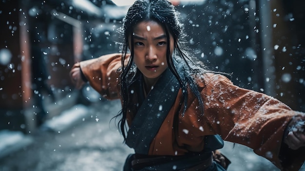 chinese samurai girl in snowy weather