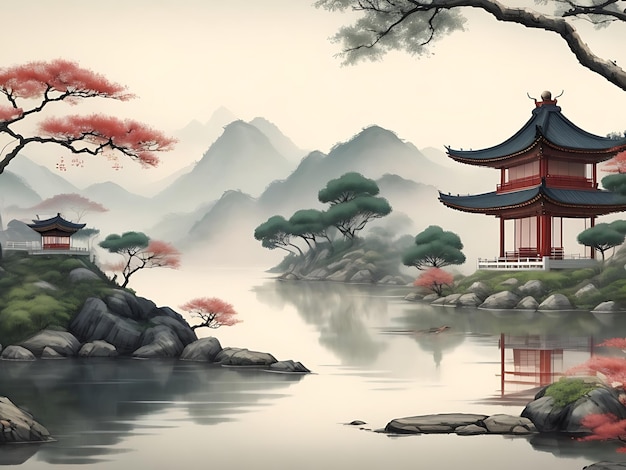 Chinese schilderstijl landschap aziatische traditionele cultuur illustratie afbeelding AI gegenereerd