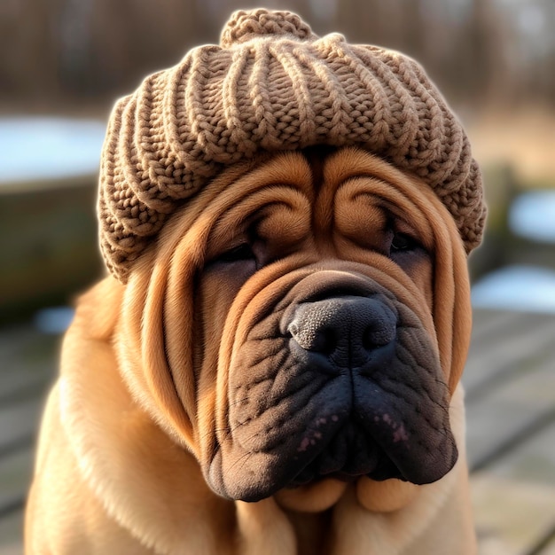 Chinese Shar Pei hond met plooien in een gebreide hoed grappig schattig huisdier close-up portret