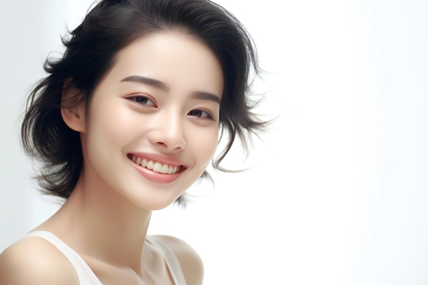Chinese smiling beauty pure white background graceful gentleness thin face makeup picture