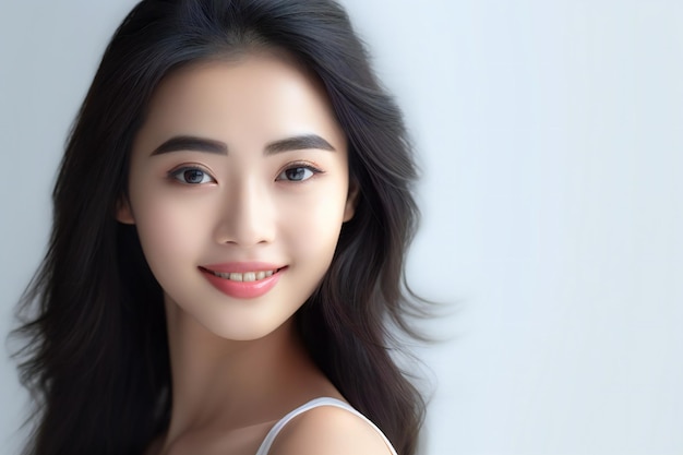 Chinese smiling beauty pure white background graceful gentleness thin face makeup picture