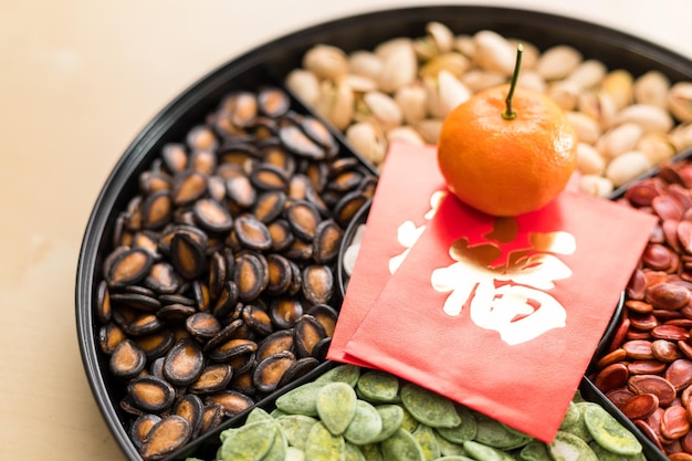 Chinese snack tray with red packet word mean luck