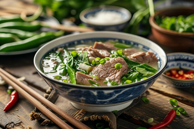 Фото Китайский суп с мясом, овощами и зеленым перцем на тарелке