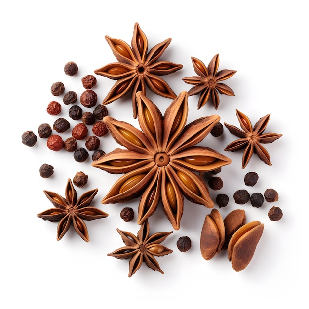 Chinese star anise spice fruits and seed isolated on white background