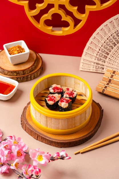 Chinese steamed dimsum in bamboo containers traditional cuisine