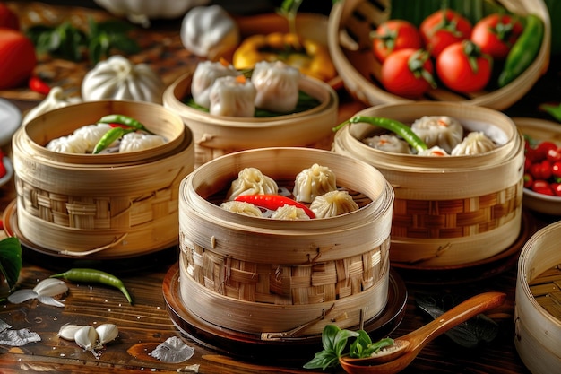 Chinese steamed dumpling dim sum in bamboo basket on table