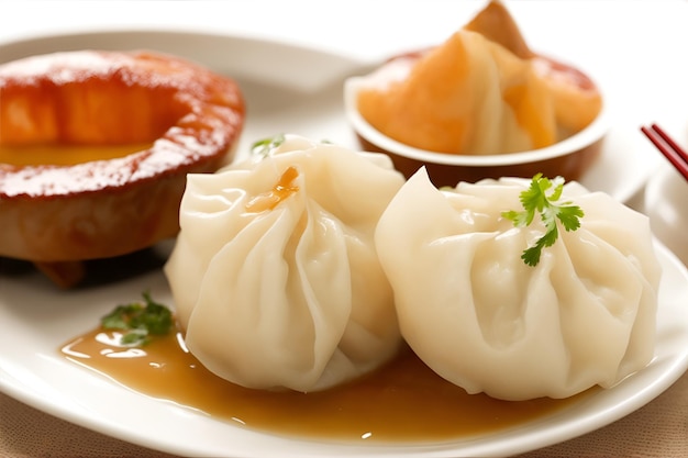 Chinese steamed dumplings in bamboo steamer on white background