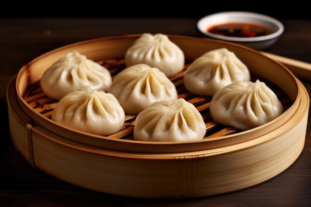 Chinese steamed dumplings or baozi in bamboo steamer AI Generative