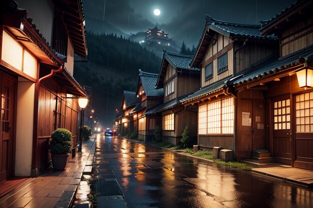 Chinese stijl houten huizen aan beide zijden van de straatverlichting en het regent in de lucht