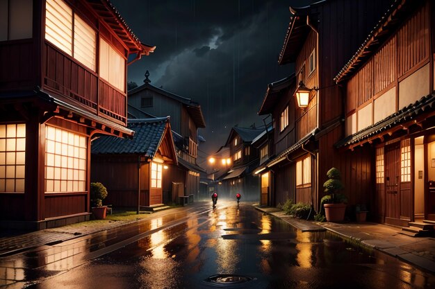 Chinese stijl houten huizen aan beide zijden van de straatverlichting en het regent in de lucht