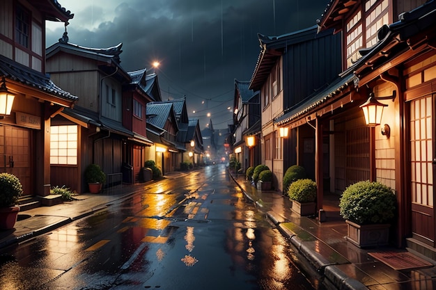 Chinese stijl houten huizen aan beide zijden van de straatverlichting en het regent in de lucht