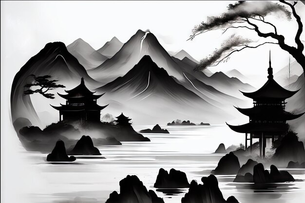 Chinese stijl inkt landschap artistieke conceptie illustratie