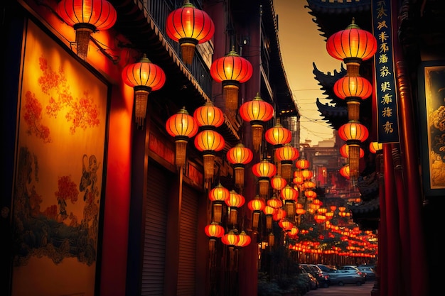 Chinese streets decorated with numerous burning lanterns for Chinese New Year