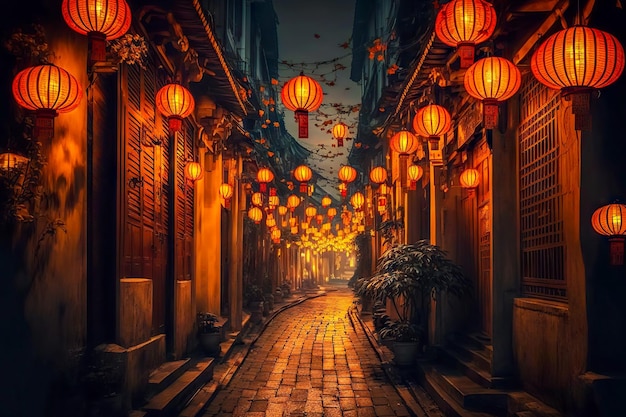 Chinese streets decorated with numerous burning lanterns for chinese new year