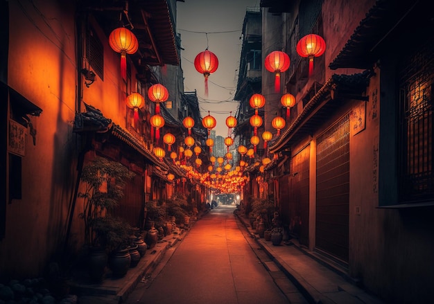 Chinese streets filled with lanterns with dim light, creative ai