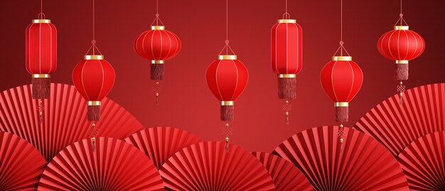 Chinese style abstract backgroundchinese lantern and red pan for product presentation3d rendering