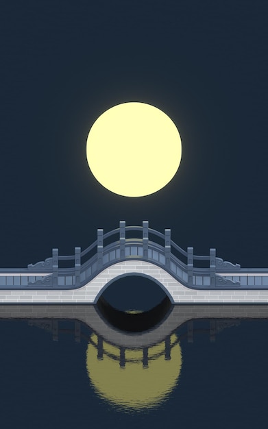 Chinese style bridge with full moon background 3d rendering