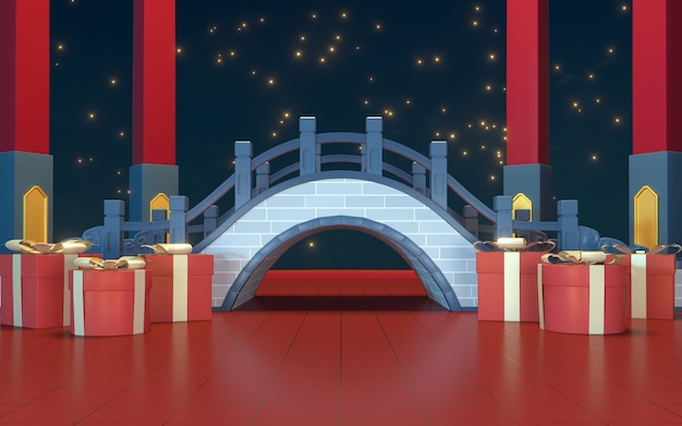 Chinese style bridge with starry stars background 3d rendering