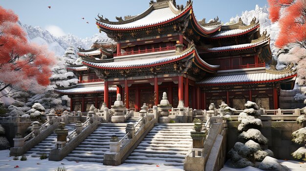 Photo chinese style building in snowy landscape