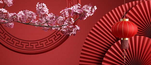 Китайский стиль сакуры и красный китайский фон сковороды для презентации продукта 3d-рендеринга