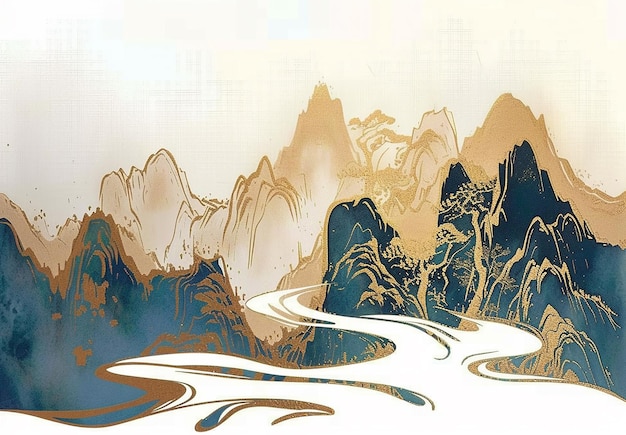 Chinese Style Golden Artistic Conception Landscape illustration