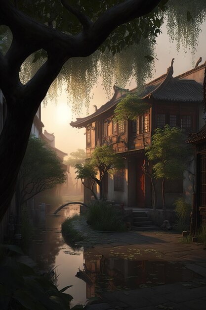 A chinese style house in the middle of a canal.