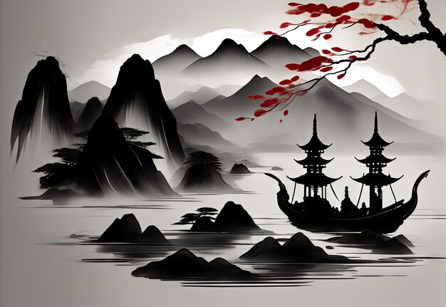 Chinese style ink landscape artistic conception illustration