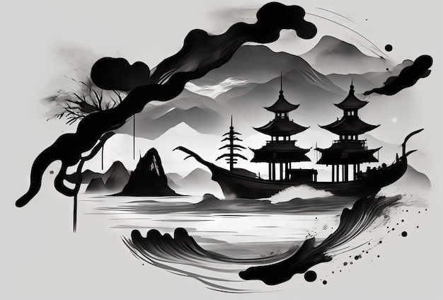 Chinese style ink landscape artistic conception illustration