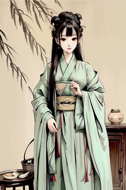 Chinese style ink and watercolor handpainted ancient beauty illustration wallpaper background