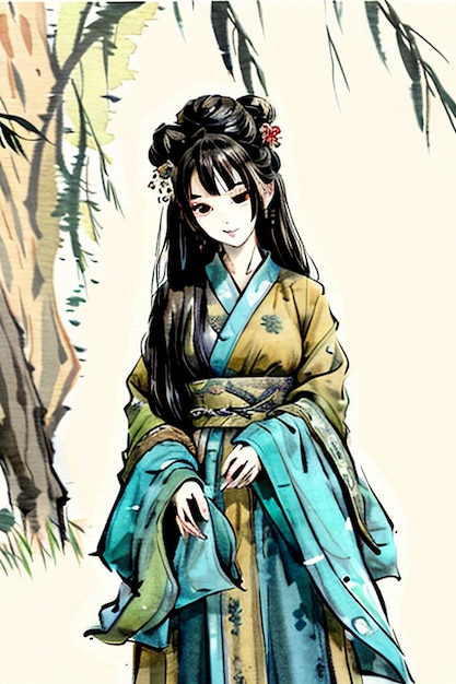 Chinese style ink and watercolor handpainted ancient beauty illustration wallpaper background