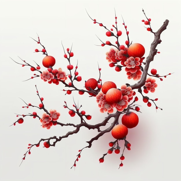 붉은 꽃과 잎이 있는 가지의 중국식 그림