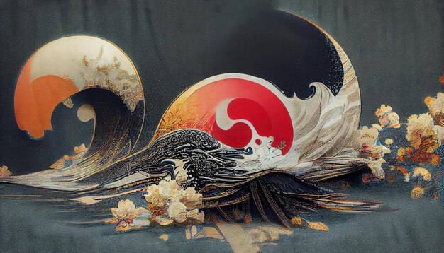 Photo the chinese style painting depicts waves and a sunset 3d illustration