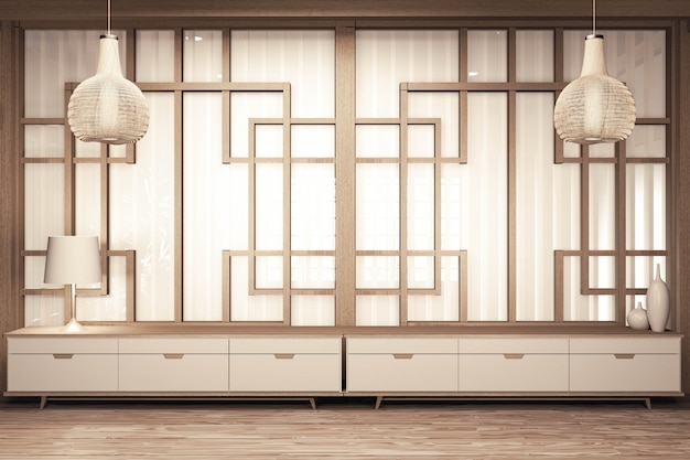 Интерьер комнаты китайского стиля деревянный с деревянным полом на обоях и украшении. 3D рендеринг
