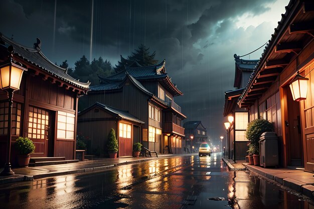 Chinese style wooden houses on both sides of the street lights and it is raining in the sky